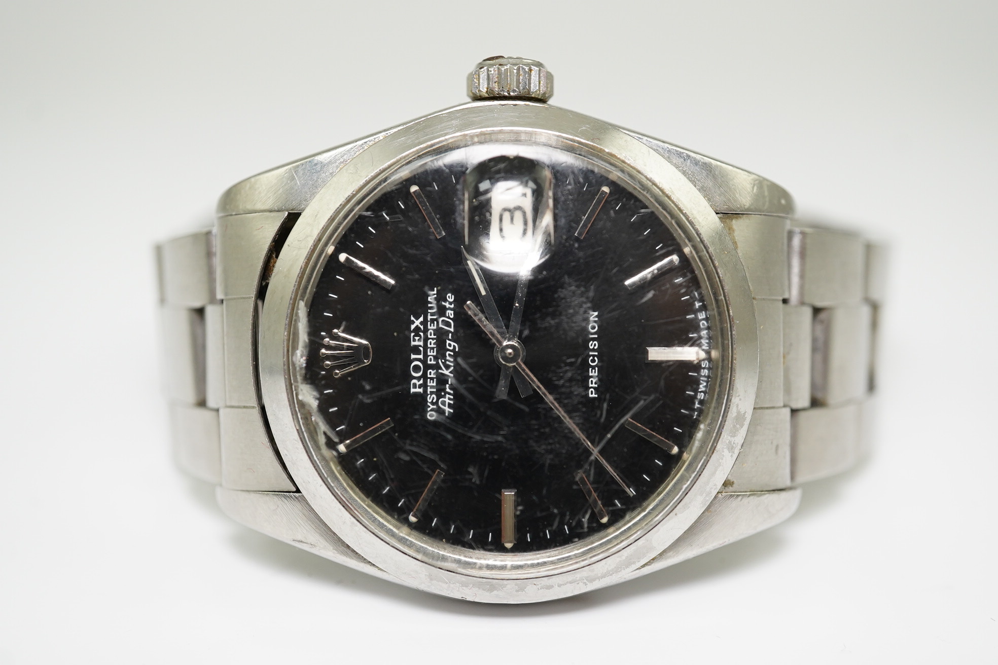 A gentleman's mid 1980's stainless steel Rolex Oyster Perpetual Air-King Date wrist watch, on a stainless steel Rolex bracelet